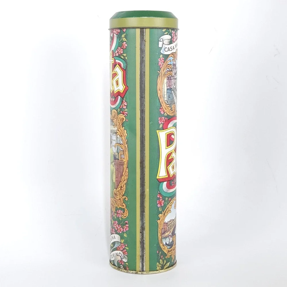 Vtg Pasta Spaghetti Storage Tin Canister Scenic Italy Retro Cottage Decor 11x3